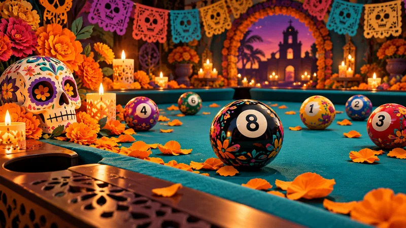 A teal billiard table surrounded by marigold petals and candles.