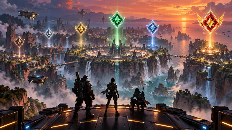Three original sci-fi competitors face a lit arena, with abstract colored rank emblems overhead.