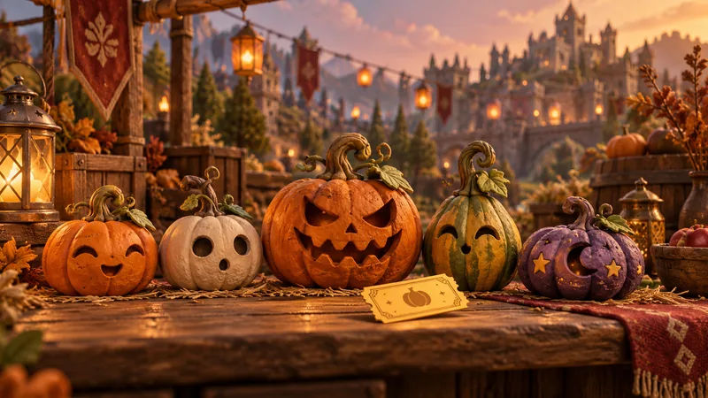 Five clay pumpkins and a golden ticket on a festival table.
