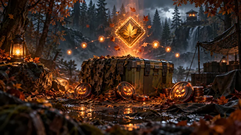 A supply crate and glowing autumn emblem sit in a dark forest clearing.