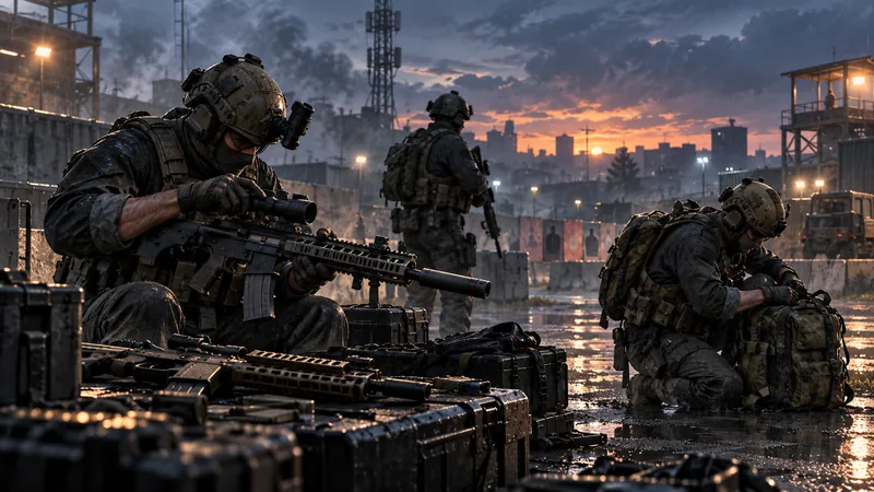 Conceptual illustration of generic soldiers checking rifle loadouts at a rain-soaked urban training range.