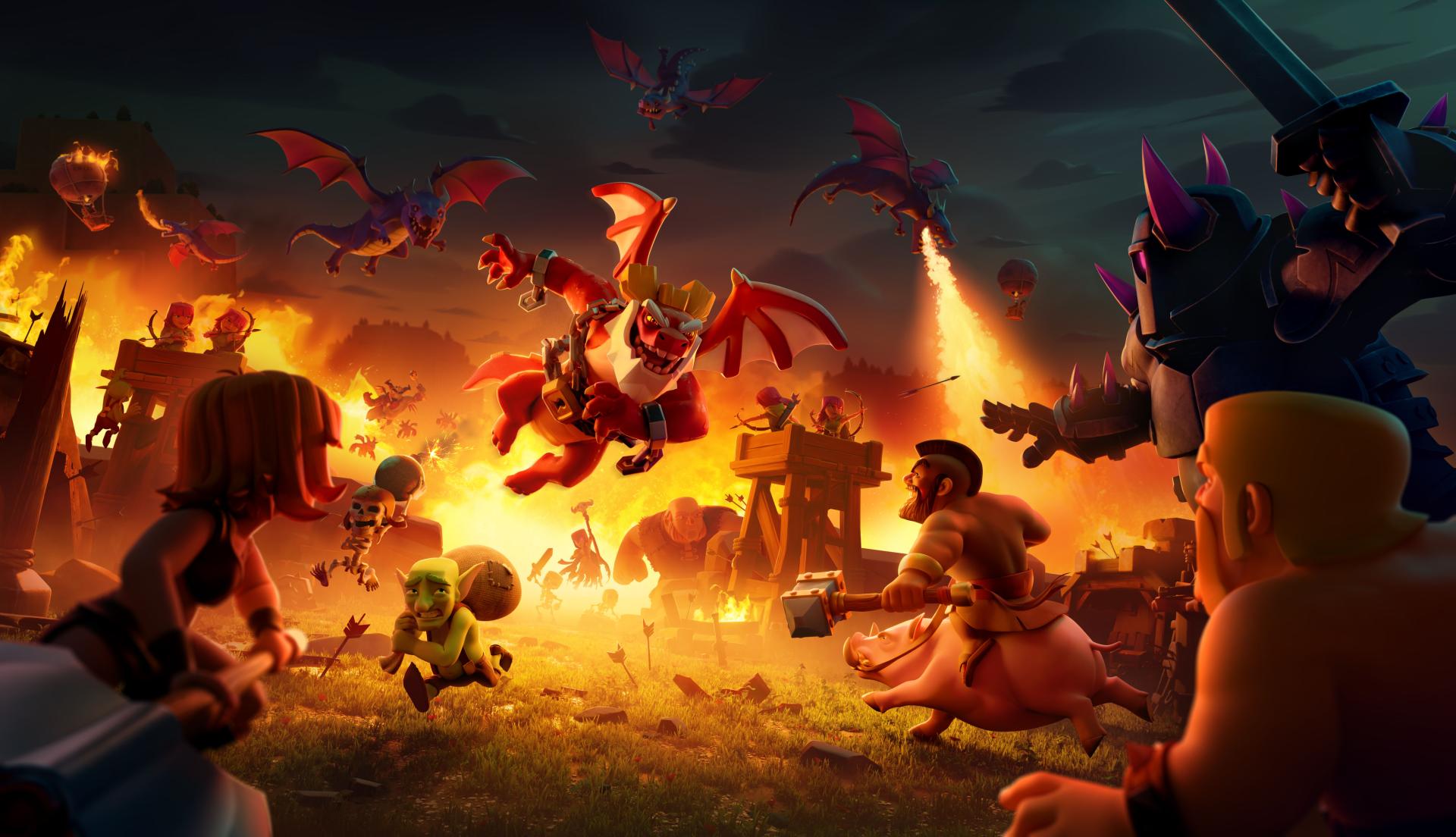 The Dragon Duke flies above a Clash of Clans battle.