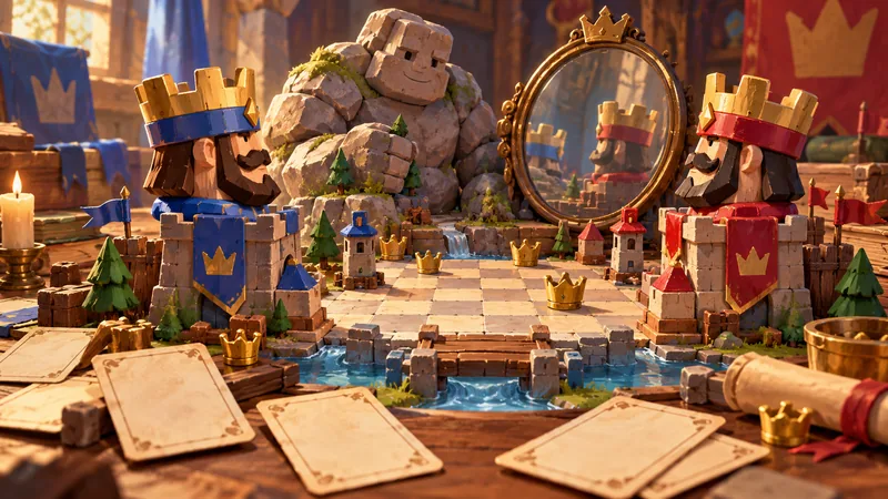 Hand-painted toy crowns, a stone giant, a mirror and blank playing cards on a strategy board.
