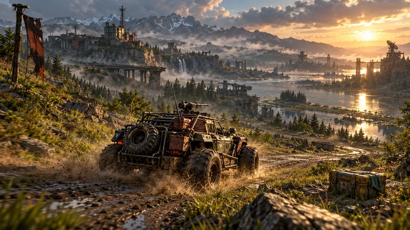 An improvised armored buggy crosses a detailed wasteland valley at sunset.