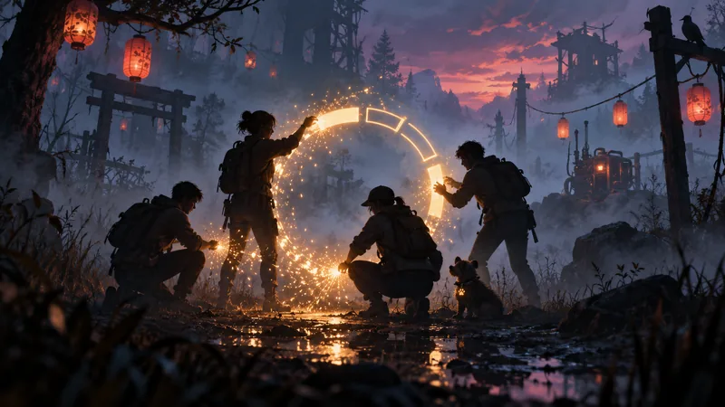 Conceptual illustration of survivors and a rescue dog standing in a foggy nighttime arena.
