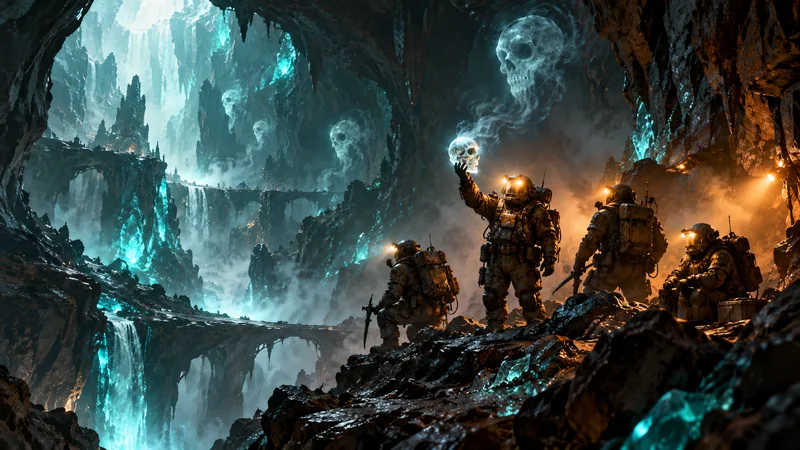 Four original space miners explore a vast cavern lit by glowing minerals and eerie skull-shaped wisps