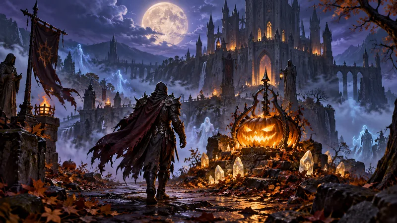 Conceptual illustration of a dark fortress surrounded by autumn pumpkins and a lone armored adventurer.