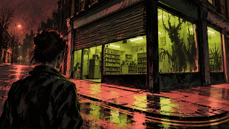 Ink and gouache illustration of a woman outside a shuttered London shop with a demonic reflection in its green-lit window.