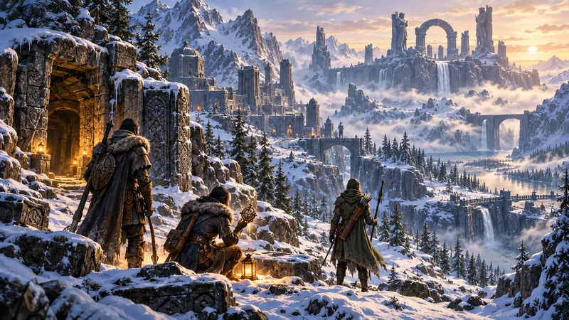 Conceptual illustration of adventurers exploring a snowy Nordic valley and ancient stone ruins.