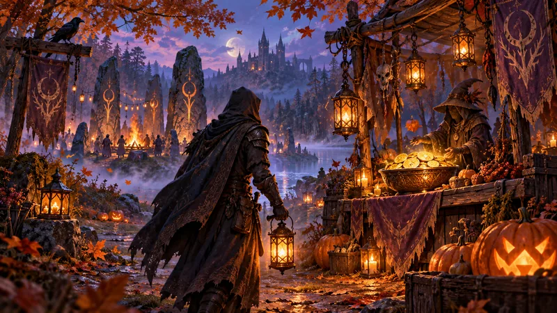 Conceptual illustration of a lantern-lit autumn festival with pumpkins and a winding path through the woods.