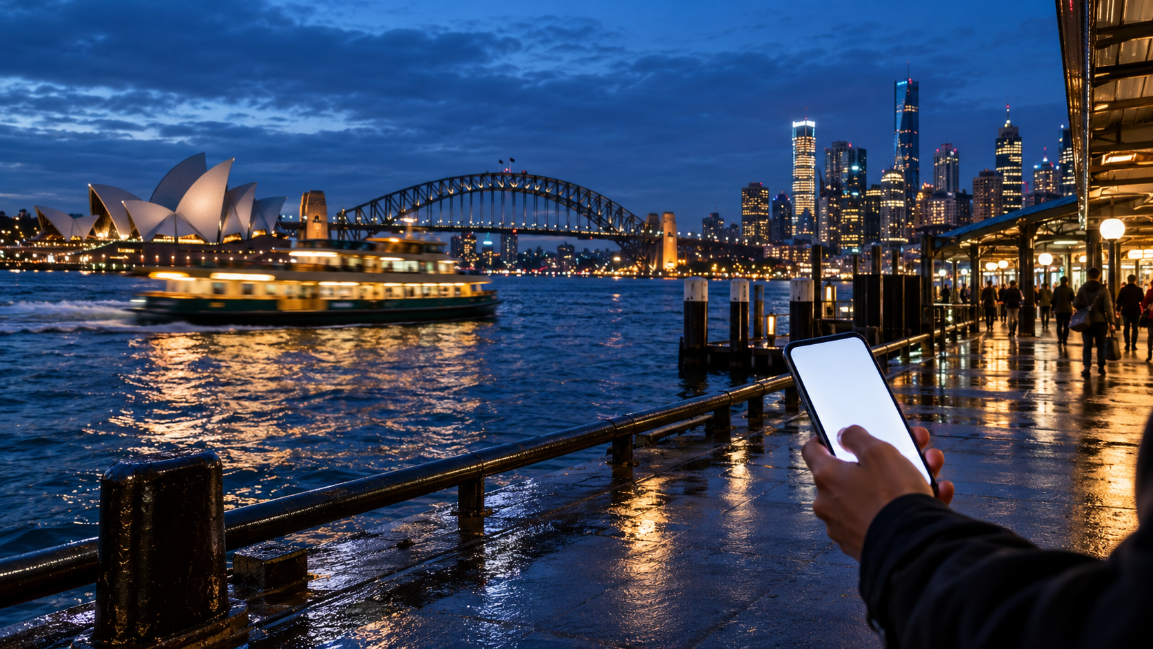 A generic smartphone is held over a wet Sydney harbor promenade at blue hour, with ferry lights and the skyline reflected on the water.