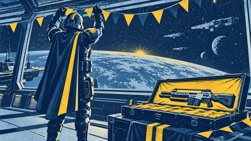 A screen-print illustration of a space soldier hanging bunting beside a ceremonial rifle case.