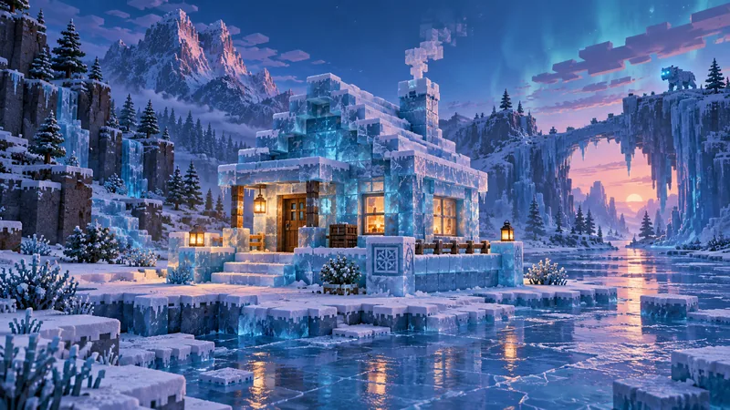 A blue ice-brick cabin beside a frozen river in a block-built winter landscape.
