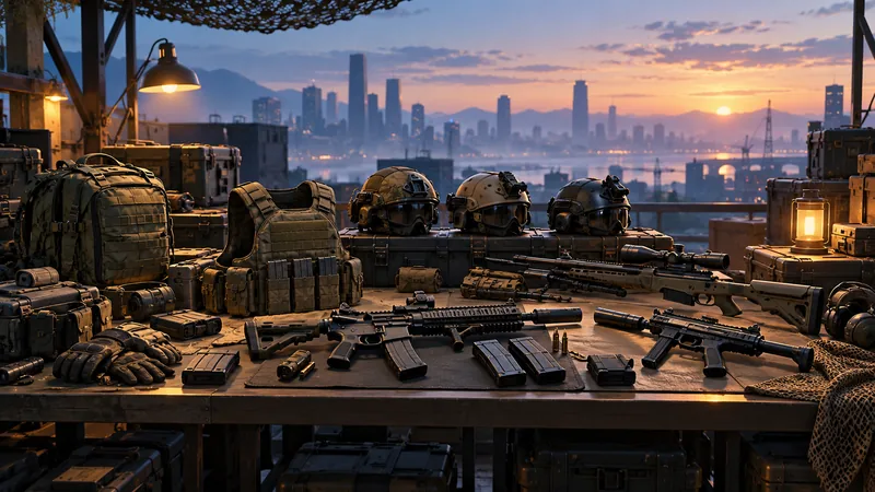 Conceptual illustration of a tactical gear staging area overlooking a city at dawn.