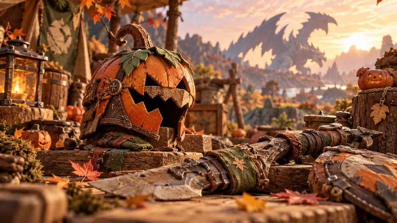 A handmade miniature pumpkin hunter helmet and tools on a wooden equipment bench.