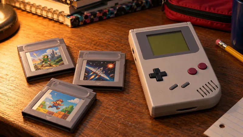 Vintage handheld game cartridges and a portable console sit on a woodgrain desk