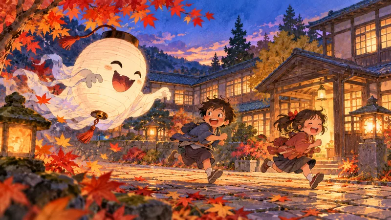 A friendly paper lantern ghost chases two children through a Japanese courtyard at blue hour