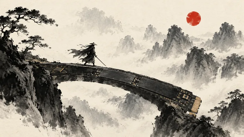 An ink-wash swordsman crosses a bridge shaped like a solid-state drive between misty mountains.