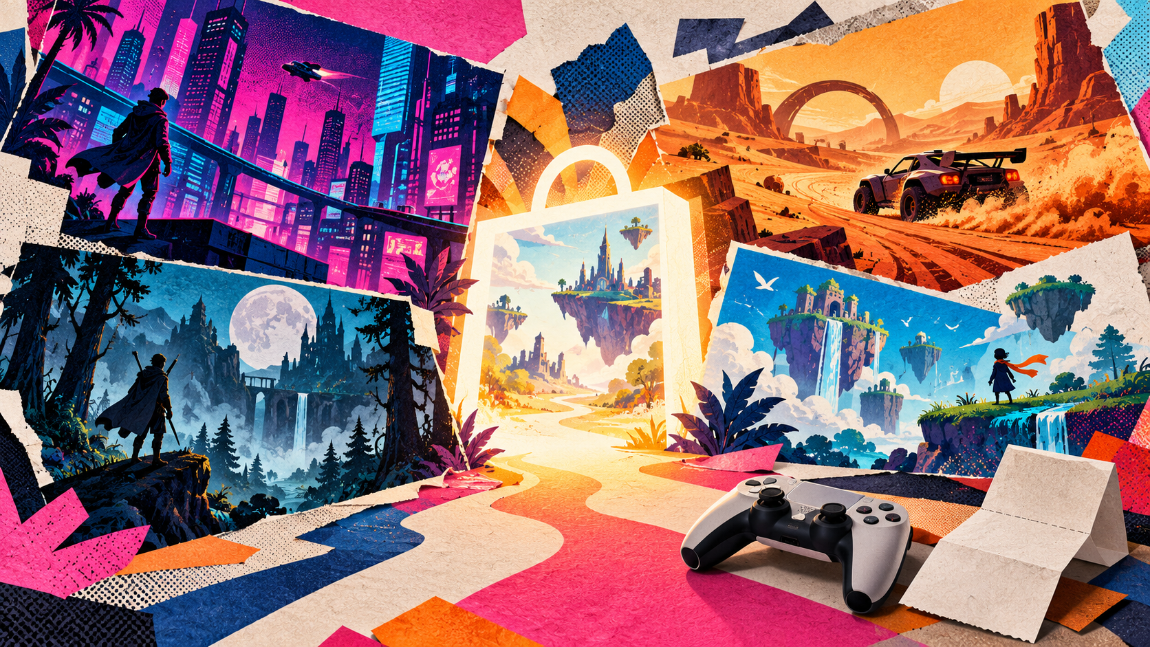 Abstract gaming worlds orbit a glowing ring beside a black and white controller.
