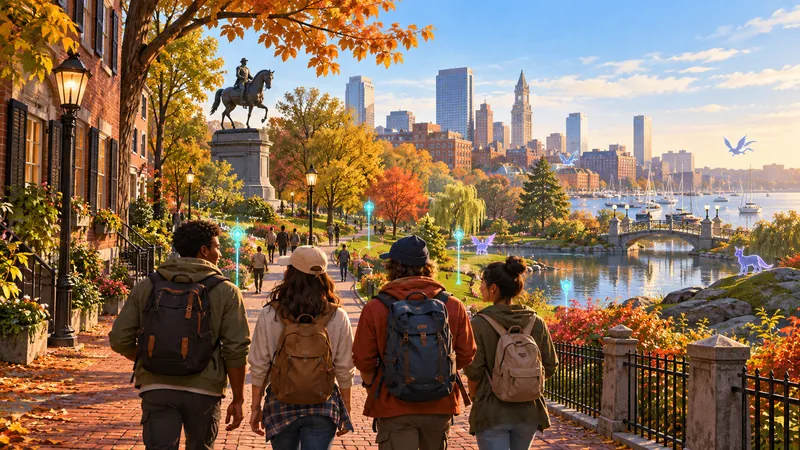 Conceptual autumn illustration of people walking through a Boston-style park with subtle location markers.