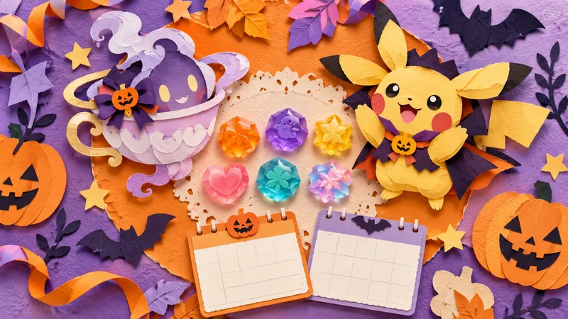 Paper collage of a costumed yellow festival mascot, a teacup ghost and candy gems.