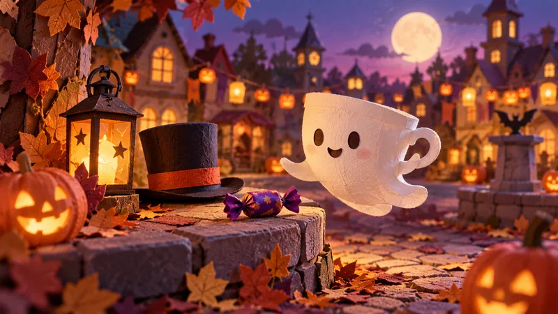 Paper Halloween town with candy, a lantern and a small ghost.