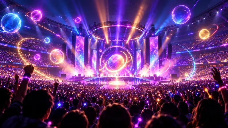 Conceptual illustration of a night-time arena concert with colorful stage lights and an excited crowd.