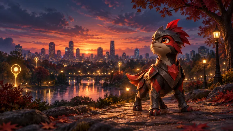 An original red and charcoal fantasy creature stands on a city park path at twilight