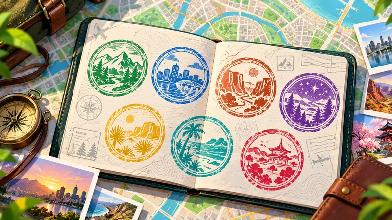 A colorful travel passport with seven abstract stamps lies across a city map