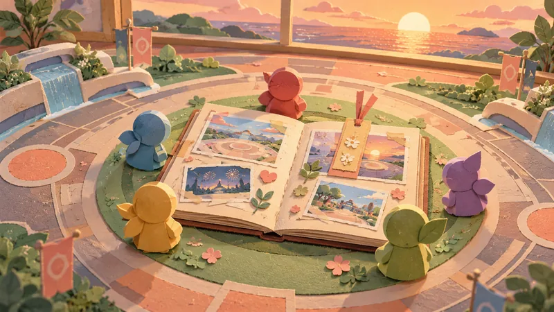 A paper collage of a game arena, small colorful pieces and an open scrapbook.