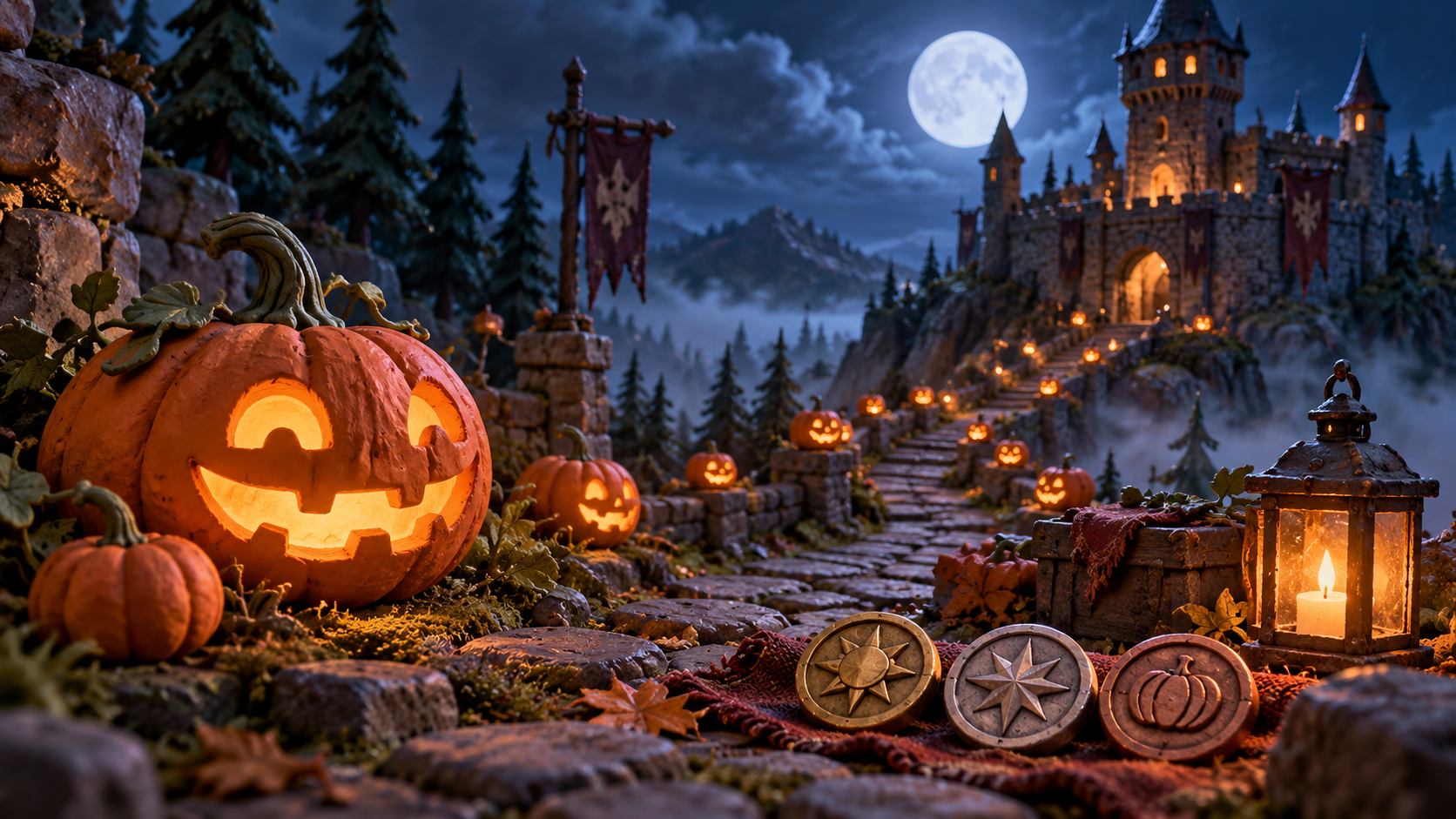 A hooded hunter stands among glowing pumpkins and lanterns in a dark fantasy courtyard.