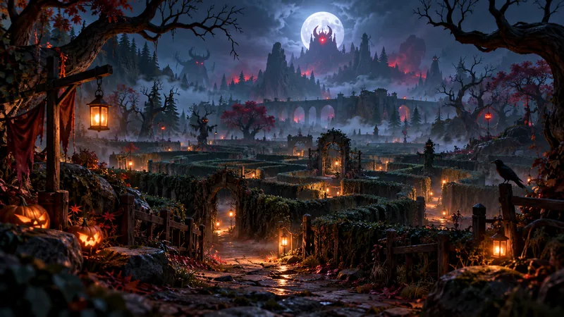 A lantern-lit maze winds through a moonlit forest, with shadowy figures beyond the path.