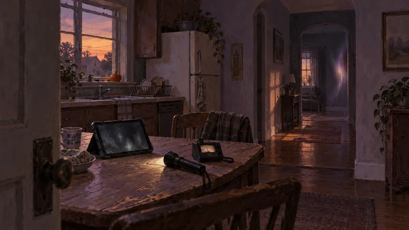A gouache painting of ghost-hunting equipment in a quiet house with a shadowy hallway.