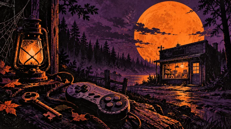 A linocut of an abandoned game shop and a pumpkin-colored moon in a dark forest.