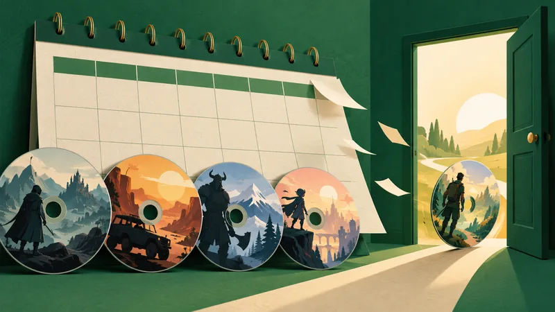 A paper calendar, game discs and an open doorway suggest titles arriving and leaving a subscription